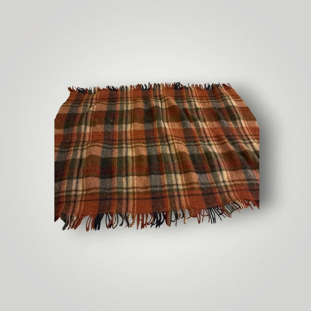 John Hanly & Co Ireland Wool Scarf Orange Plaid Fringed Heritage Dark Academia